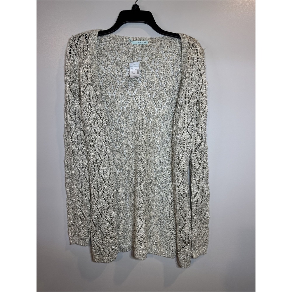 Maurices Sparkle Sweater‎ Cardigan Open Front Women's Small Cream W/Black Thread